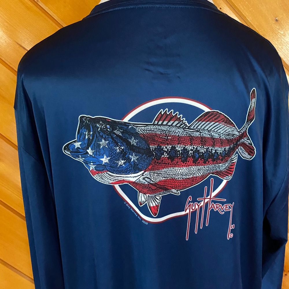 Guy Harvey Men's Navy Blue Patriotic Bass American Flag Performance Shirt Large